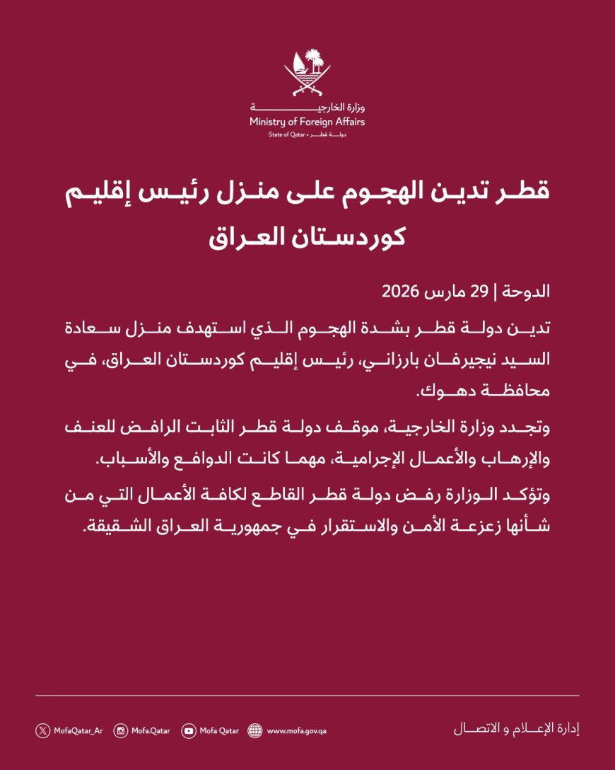 قطر تدين الهجوم على منزل رئيس إقليم كوردستان العراق
